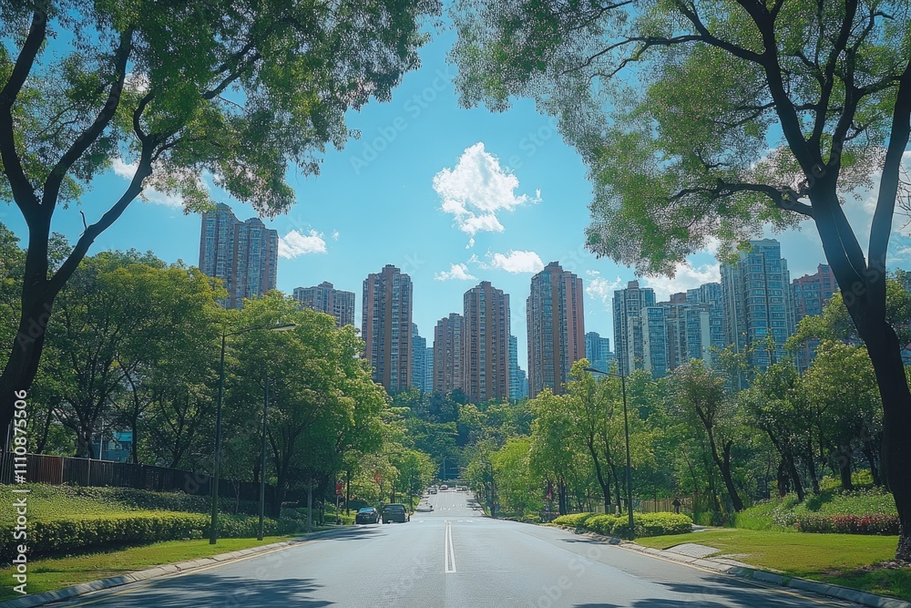 Obraz premium Green trees framing modern residential buildings on sunny day