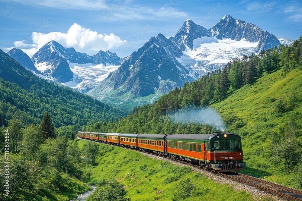 Train moving through mountains in alaska on a sunny summer day Train moving through mountains in alaska on a sunny summer day