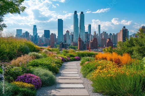 Blooming rooftop garden overlooking manhattan skyline on sunny day photo