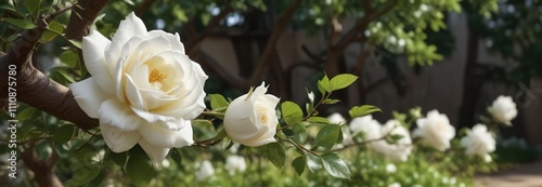 A delicate white rose unfolding its petals against a barren tree branch in a peaceful garden , unfolding, serenity, peaceful