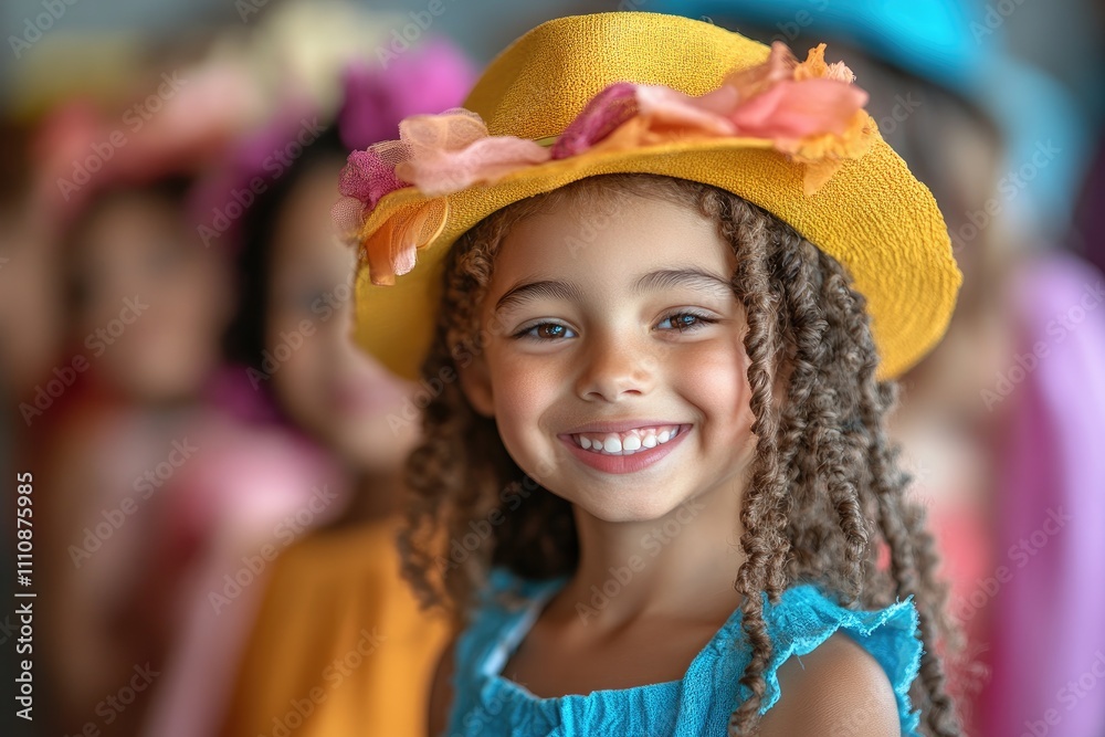 Portrait of smiling young girl wearing fancy yellow hat with floral decoration