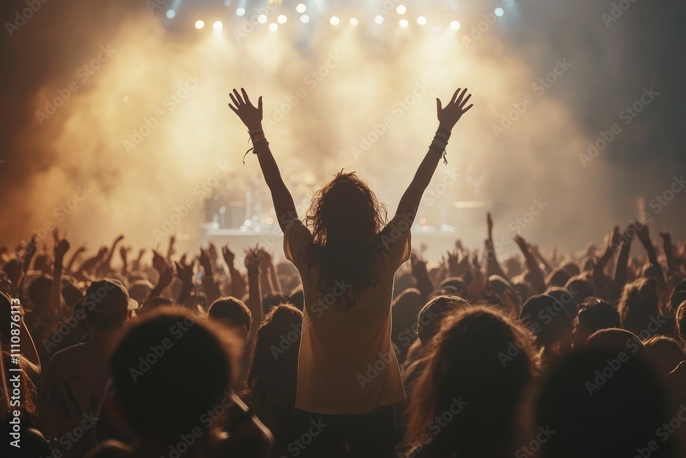 Girl raising her arms enjoying live music at a concert with a crowd cheering Girl raising her arms enjoying live music at a concert with a crowd cheering