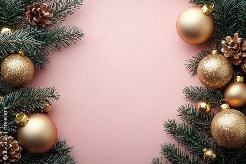 Christmas border of golden ornaments and pine branches on pink background Christmas border of golden ornaments and pine branches on pink background