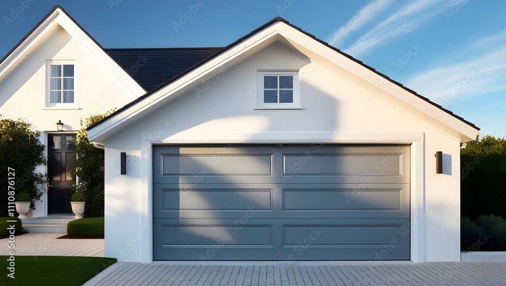 modern grey garage door on white house with gable roof. modern grey garage door on white house with gable roof.