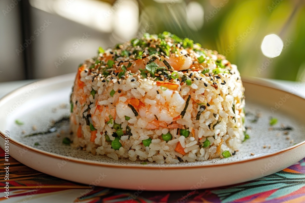 Steaming hot shrimp fried rice garnished with sesame seeds and herbs Steaming hot shrimp fried rice garnished with sesame seeds and herbs