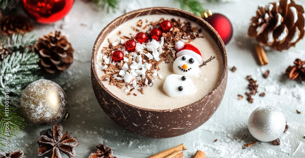 Winter Christmas Smoothie Bowl with Coconut and Snowman. AI generated illustration. Winter Christmas Smoothie Bowl with Coconut and Snowman. AI generated illustration.