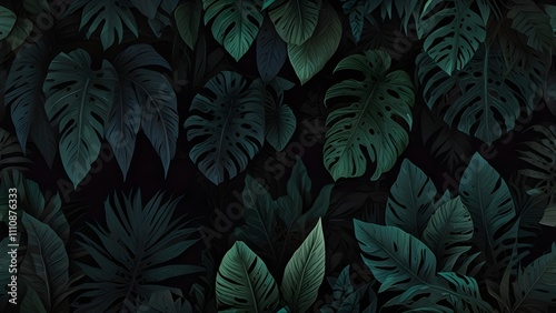 Dark botanical background tropical leaves faded bg Generative AI photo