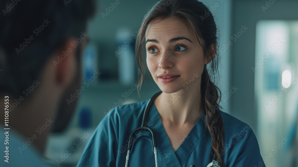 A young female doctor explaining a diagnosis to a patient with a reassuring posture. A young female doctor explaining a diagnosis to a patient with a reassuring posture.