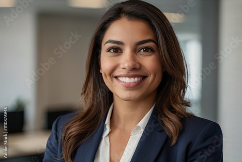 Headshot close up face portrait of young happy smiling Hispanic businesswoman,