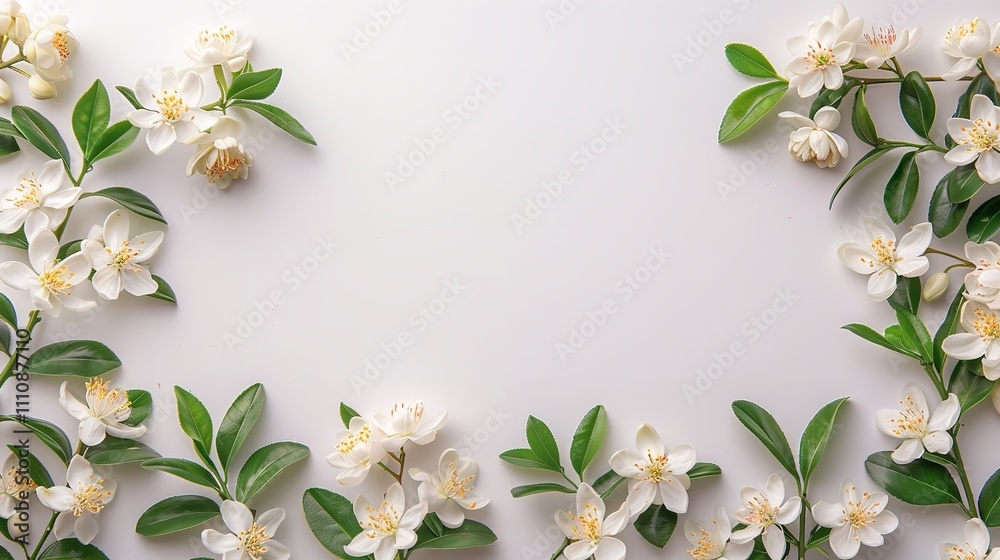 A close-up of a neroli blossom set on a stark white background with a large area in the center reserved for writing or background use, Generative AI. A close-up of a neroli blossom set on a stark white background with a large area in the center reserved for writing or background use, Generative AI.