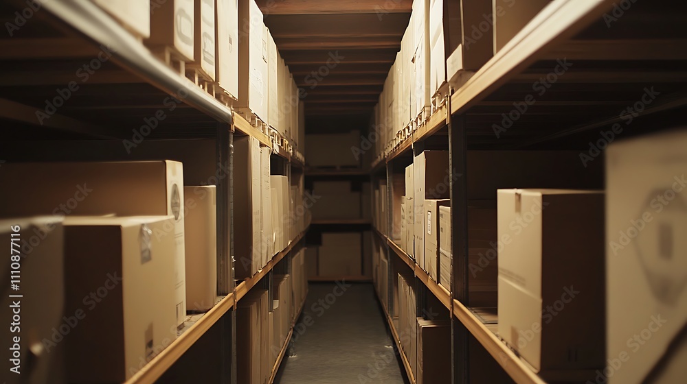 Fototapeta premium Cardboard Boxes Lined Up In A Warehouse Aisle