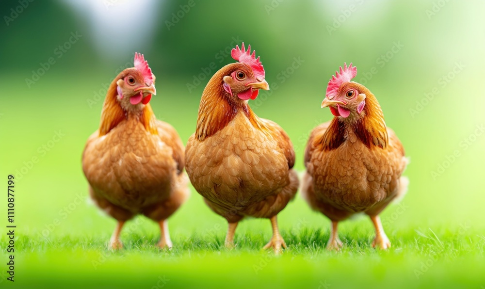 Fototapeta premium Three Chickens Standing on Green Grass