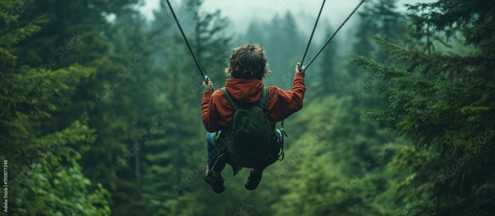 A young person in a red jacket swings on a rope swing through a lush green forest. A young person in a red jacket swings on a rope swing through a lush green forest.
