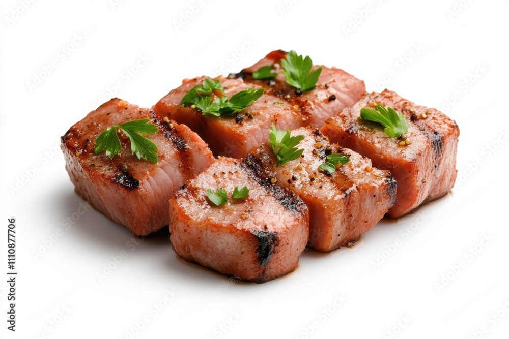 Grilled salmon cubes garnished with fresh herbs, showcasing a delicious, healthy dish perfect for seafood lovers. Grilled salmon cubes garnished with fresh herbs, showcasing a delicious, healthy dish perfect for seafood lovers.
