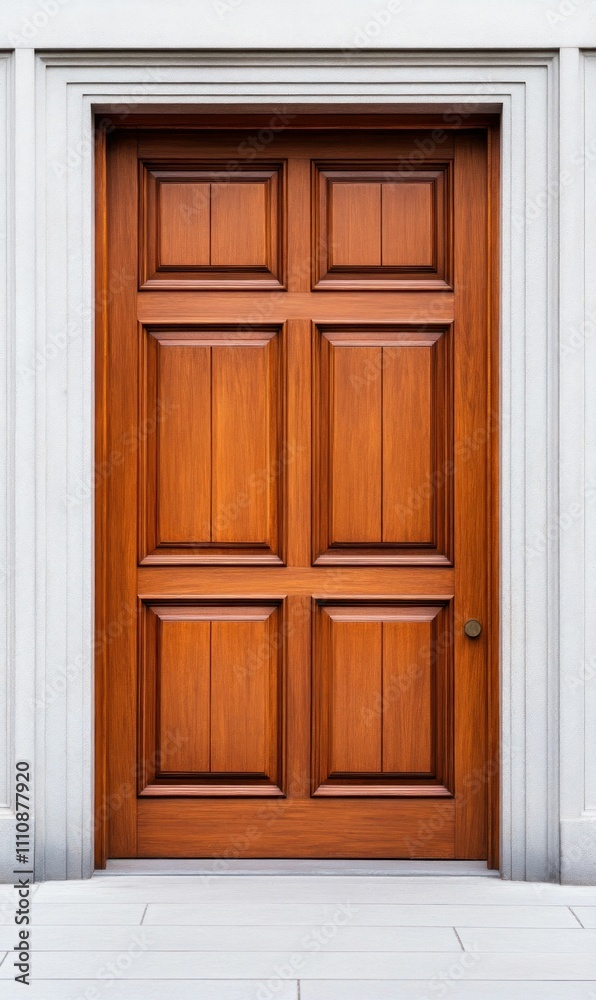 Elegant Wooden Door with Detailed Grain on White Building Elegant Wooden Door with Detailed Grain on White Building