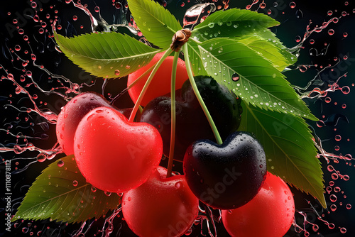 Many cherries on black background with water splash in the air
