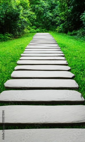 Stone Path with Wooden Planks Leading into Lush Greenery