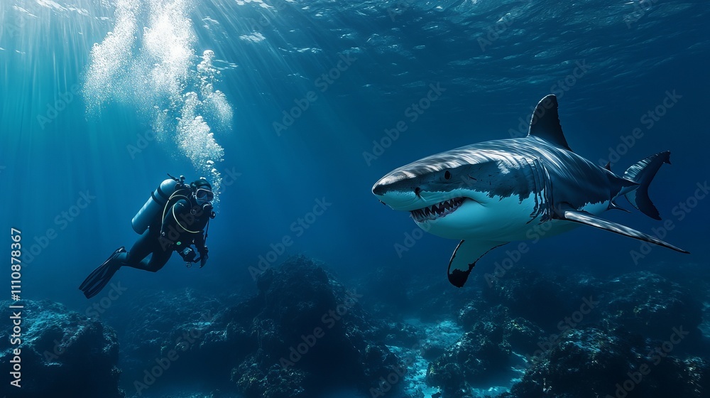 Fototapeta premium A diver swims gracefully in the clear blue ocean, closely observing a magnificent great white shark. Colorful coral formations can be seen in the background, illuminated by sunlight