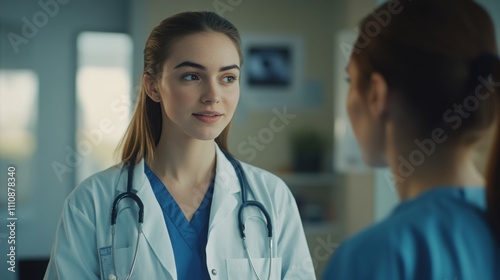 A young female doctor giving instructions to a nurse, with a clear and authoritative posture.