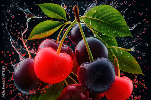 Many cherries on black background with water splash in the air
