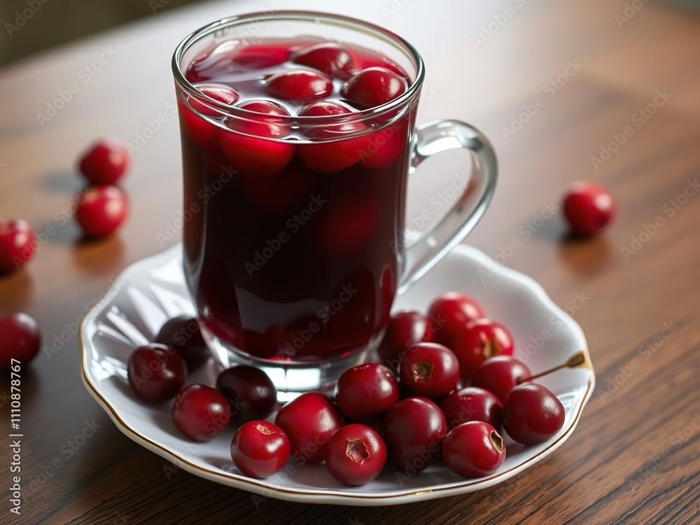 A glass of cranberry juice with whole cranberries in a tea cup on the table , tart drink, glass, beverages A glass of cranberry juice with whole cranberries in a tea cup on the table , tart drink, glass, beverages