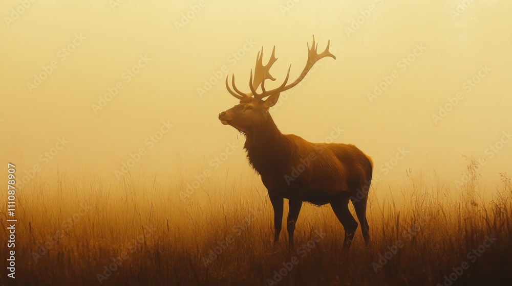 Fototapeta premium A regal stag stands in a fog-covered meadow during early morning light. The soft, golden hues enhance the tranquil atmosphere, showcasing nature's peaceful charm