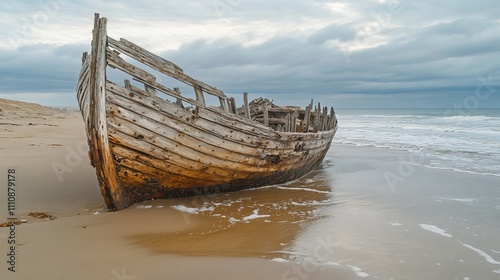 A weathered wooden boat rests on a sandy beach, partially submerged in the soft waves of the ocean. The cloudy sky adds a dramatic backdrop during the quiet dusk hours