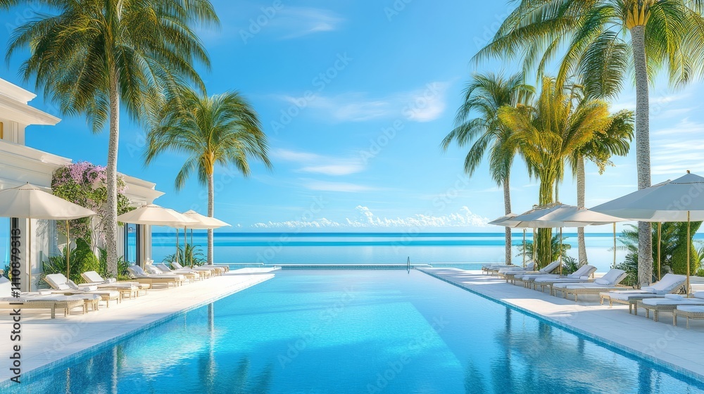 A tranquil beachfront resort features a stunning swimming pool lined with lounge chairs and umbrellas. The vibrant palm trees sway gently in the breeze under a bright blue sky, inviting relaxation A tranquil beachfront resort features a stunning swimming pool lined with lounge chairs and umbrellas. The vibrant palm trees sway gently in the breeze under a bright blue sky, inviting relaxation