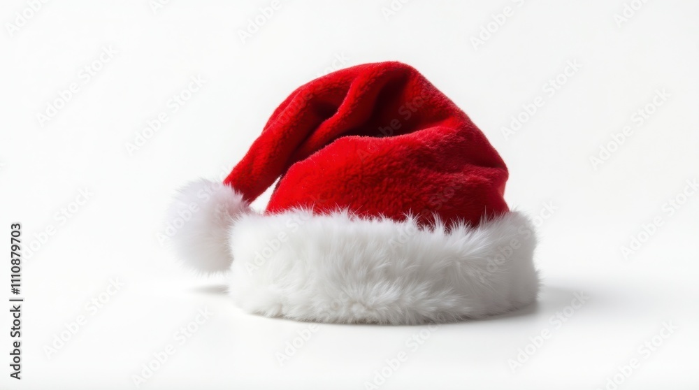 Close-up of Classic Santa Claus Red Hat with Velvet Fabric and Fluffy Fur Trim on White Background Close-up of Classic Santa Claus Red Hat with Velvet Fabric and Fluffy Fur Trim on White Background