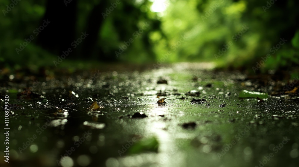 Tropical serenity a close-up journey through a rainy forest path with water droplets Tropical serenity a close-up journey through a rainy forest path with water droplets