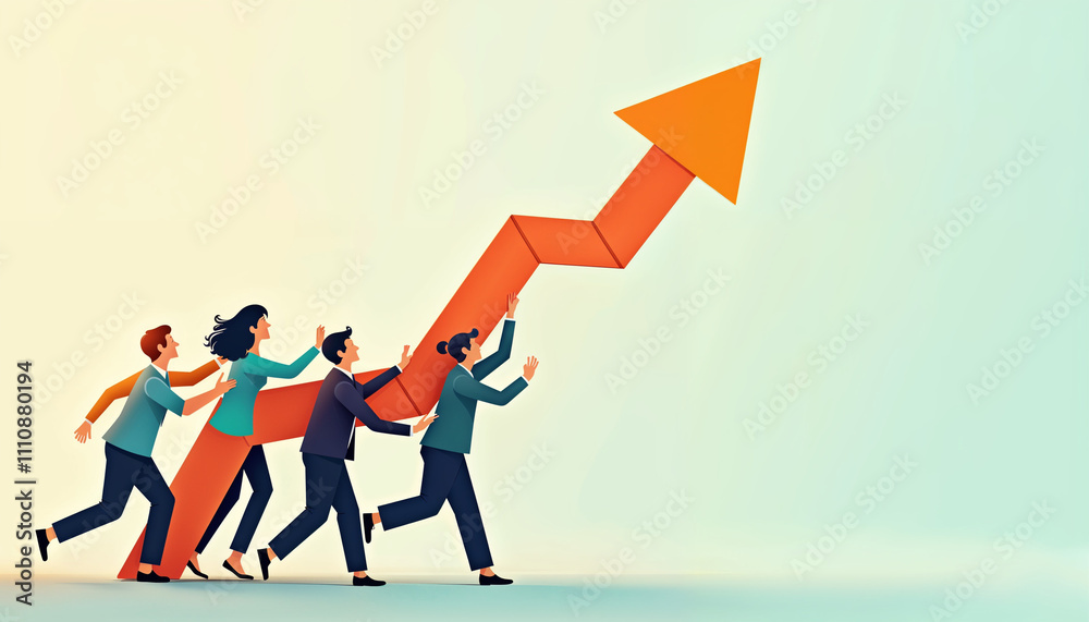 Business people holding growth arrow as a symbol working together, making a progress, successful way to move the business Business people holding growth arrow as a symbol working together, making a progress, successful way to move the business