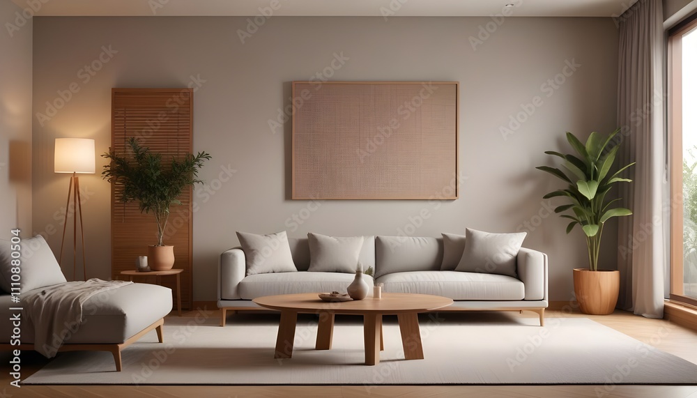 Modern living room interior composition with grey modern sofa, wooden , folding screen and modern Home