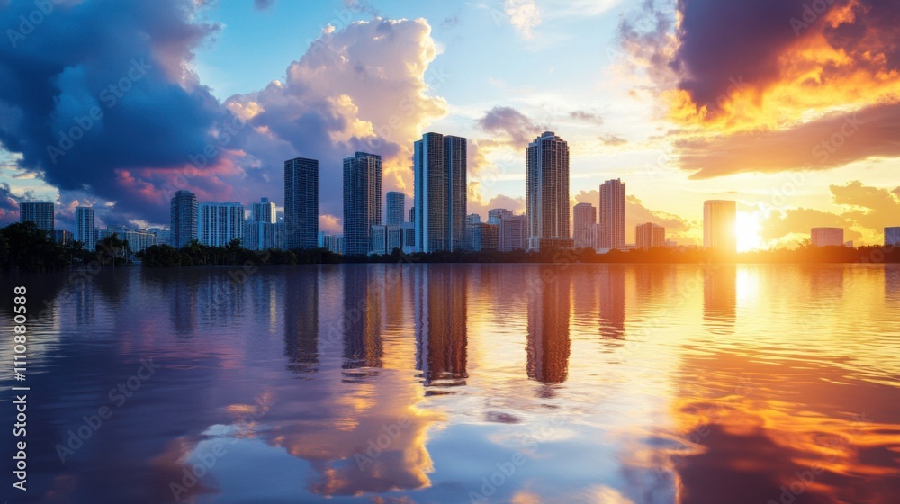 Obraz premium Breathtaking City Skyline Reflection During Sunset Over Calm Water with Dramatic Clouds and Vibrant Colors Enhancing the Urban Landscape
