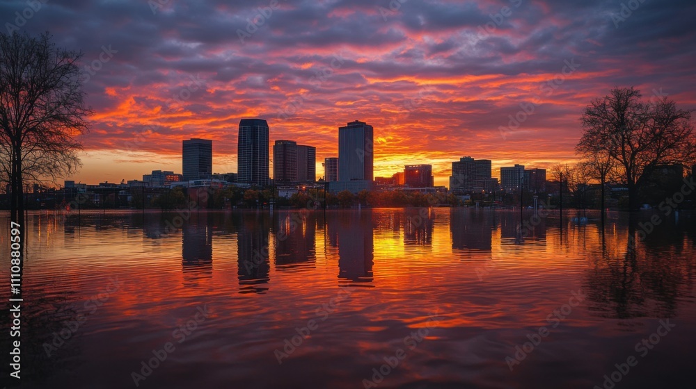 Breathtaking Sunset Over City Skyline Reflected in Calm Water, Showcasing Vibrant Colors and Dramatic Cloud Patterns, Creating a Serene Urban Landscape Scene Breathtaking Sunset Over City Skyline Reflected in Calm Water, Showcasing Vibrant Colors and Dramatic Cloud Patterns, Creating a Serene Urban Landscape Scene