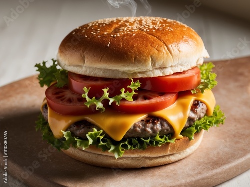 Steaming Double Cheeseburger with Fresh Toppings and Sesame Bun. photo