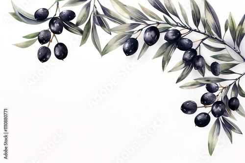 A show olive blossom with a corner of the branch Black vector botanical borders with a large copy space in the center on a plain white background, Generative AI.