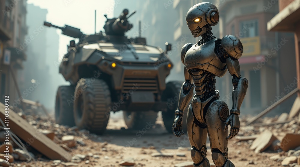 Rusty Humanoid Robot and Armored Combat Vehicle in Post-Apocalyptic Cityscape - 4K Detail Rusty Humanoid Robot and Armored Combat Vehicle in Post-Apocalyptic Cityscape - 4K Detail