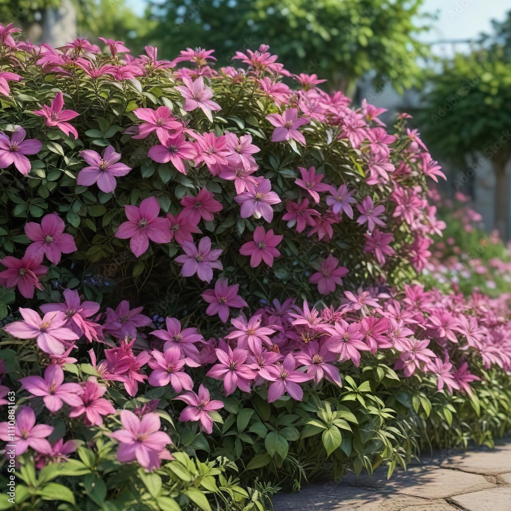 Obraz premium A lush clematis flower bed filled with vibrant pink and purple blooms and green foliage , purple flowers, pink flowers,