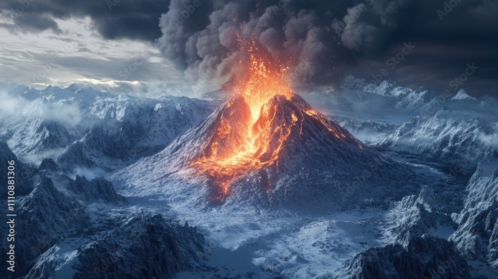 Majestic Eruption of a Volcano with Fiery Lava Flowing Down Snowy Slopes under Dark Clouds and Ash Plumes in a Breathtaking Mountain Landscape Majestic Eruption of a Volcano with Fiery Lava Flowing Down Snowy Slopes under Dark Clouds and Ash Plumes in a Breathtaking Mountain Landscape