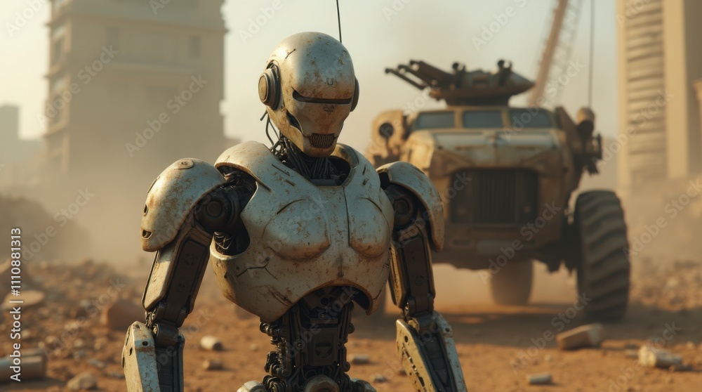 Rusty Humanoid Robot and Armored Combat Vehicle in Post-Apocalyptic Cityscape - 4K Detail Rusty Humanoid Robot and Armored Combat Vehicle in Post-Apocalyptic Cityscape - 4K Detail