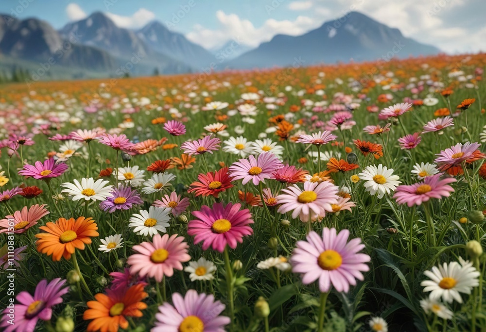 Fototapeta premium A lush green field filled with an assortment of colorful daisies , field, daisies
