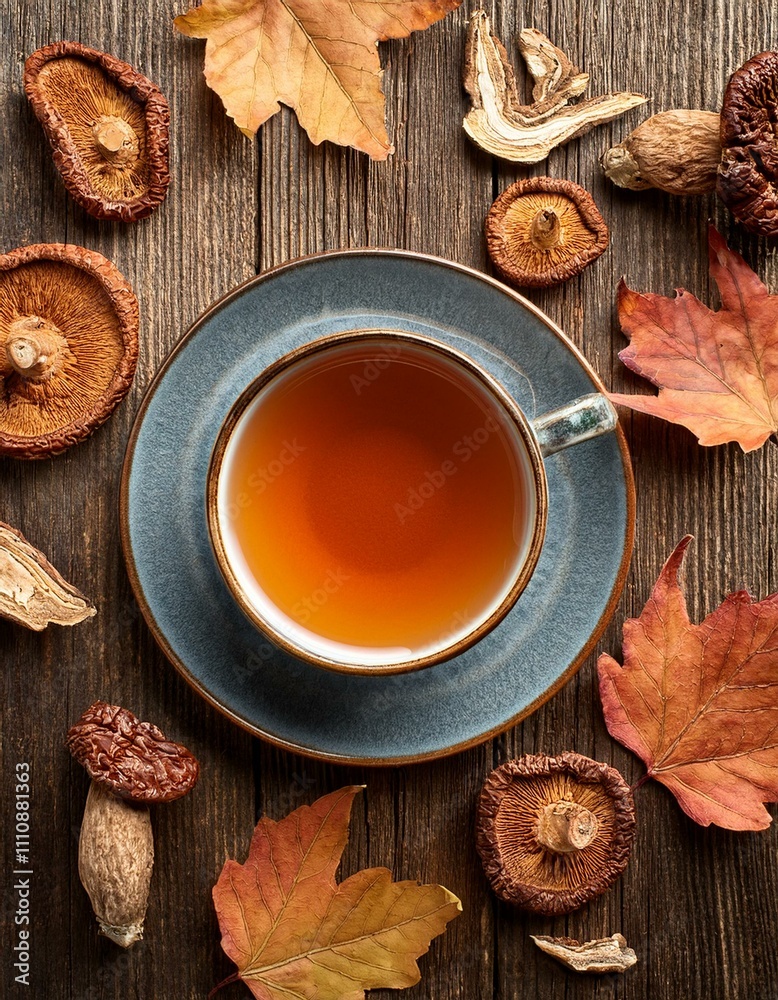 Rustic Reishi Mushroom Tea on Weathered Wooden Background with Autumn Leaves, Top view Rustic Reishi Mushroom Tea on Weathered Wooden Background with Autumn Leaves, Top view
