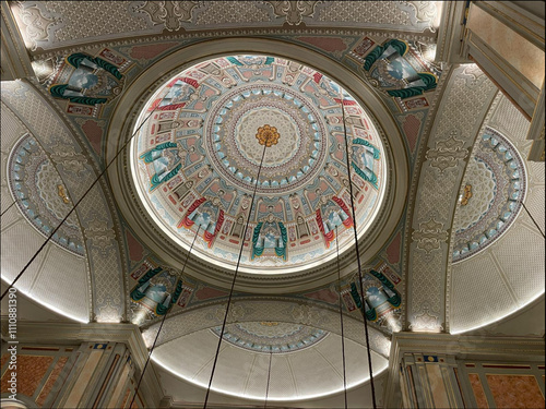 Ornate dome ceiling with intricate patterns in Qatar,
Islamic architectural masterpiece with colorful decorations,
The stun interior of a Qatari mosque with hanging chandeliers,
Dome ceiling with intr photo