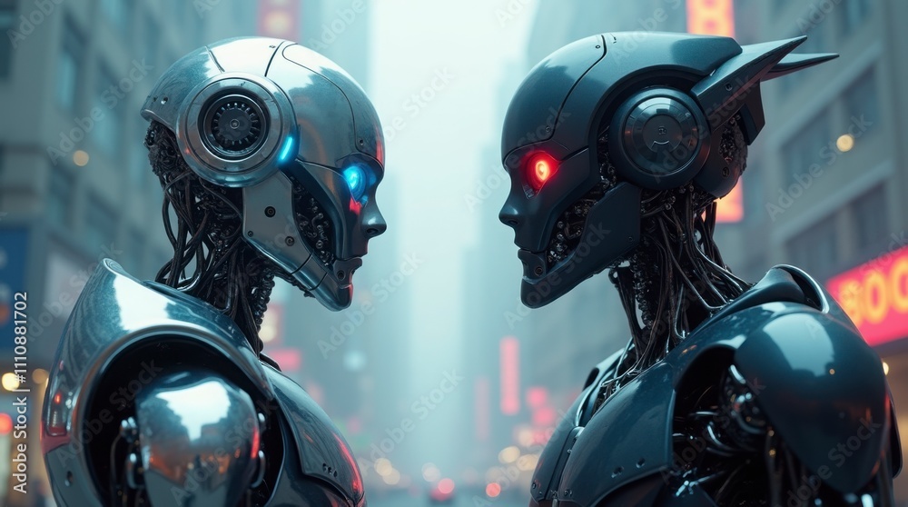 Futuristic Robot Standoff: Good vs. Evil. Good Robot vs. Bad Robot: High-Detail Dystopian Sci-Fi Scene. Futuristic Robot Standoff: Good vs. Evil. Good Robot vs. Bad Robot: High-Detail Dystopian Sci-Fi Scene.