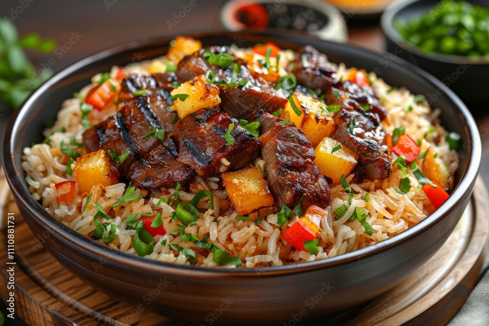 Rice with sautéed vegetables and meat for a hearty and delicious meal Rice with sautéed vegetables and meat for a hearty and delicious meal