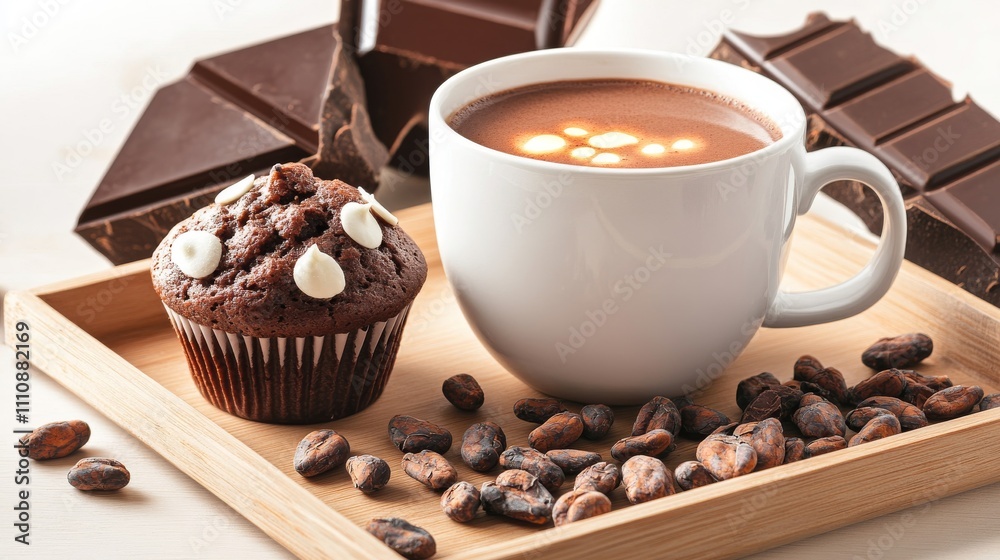 Rich Hot Cocoa in White Cup with Cocoa Beans Rich Hot Cocoa in White Cup with Cocoa Beans