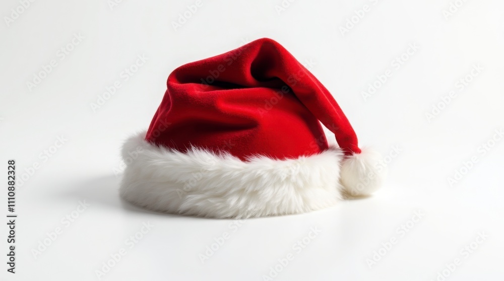 Close-up of Classic Santa Claus Red Hat with Velvet Fabric and Fluffy Fur Trim on White Background Close-up of Classic Santa Claus Red Hat with Velvet Fabric and Fluffy Fur Trim on White Background