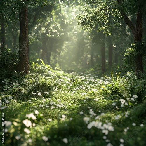 A photorealistic CG 3D rendering of a lush forest, highlighting the process of natural transpiration through a mesmerizing worms-eye view perspective