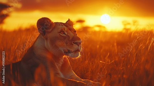 A lioness rests in tall grass at sunset. photo