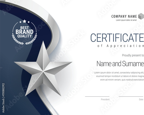 Award certificate with a star design in blue and silver colors. Horizontal template Diploma of modern design or gift certificate. Vector illustration.